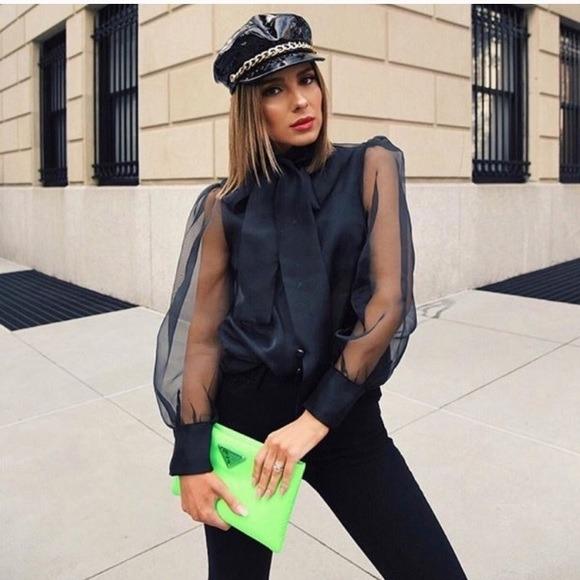 Zara Black Organza Blouse with Bow Detail, Women's Fashion, Tops