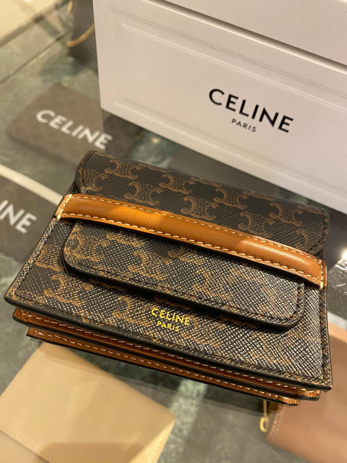 Celine Business Card Holder in Triomphe Canvas and Lambskin