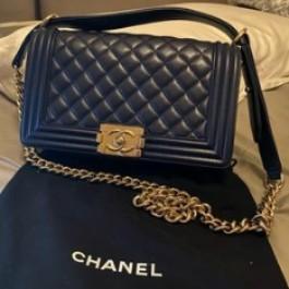 Chanel Boy Old Medium, Navy Velvet with Gold Hardware, Preowned in