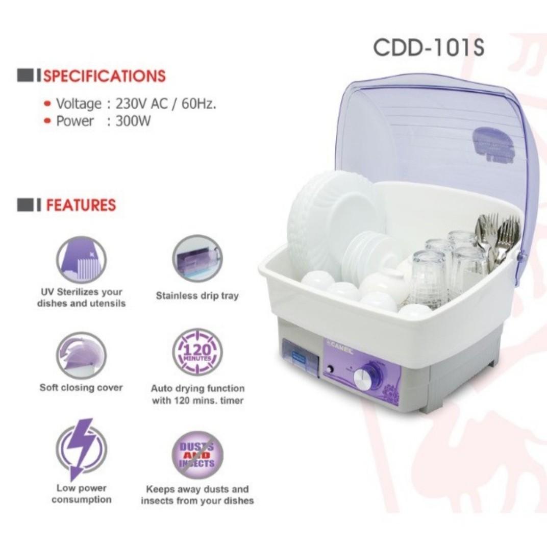 Brandnew Camel Dish Sterilizer (Purple) (Category: Food Organization & Storage) located in San Jose del Monte. Submitted by robertpastor (Listing ID 1064957634, Image 3). Description: ✅Heater Dish Dryer ✅Voltage: 230V AC /60hz ✅Power: 300 Watts ✅Auto Drying Function with 120-minute timer ✅Dust &amp; Insect Free ✅Low Power Consumption ✅Soft Closing Cover ✅Stainless with Drip Tray ✅With UV Sterilizer ✅Product Dimension: 42cm x 31cm x 37cm (L x W x 