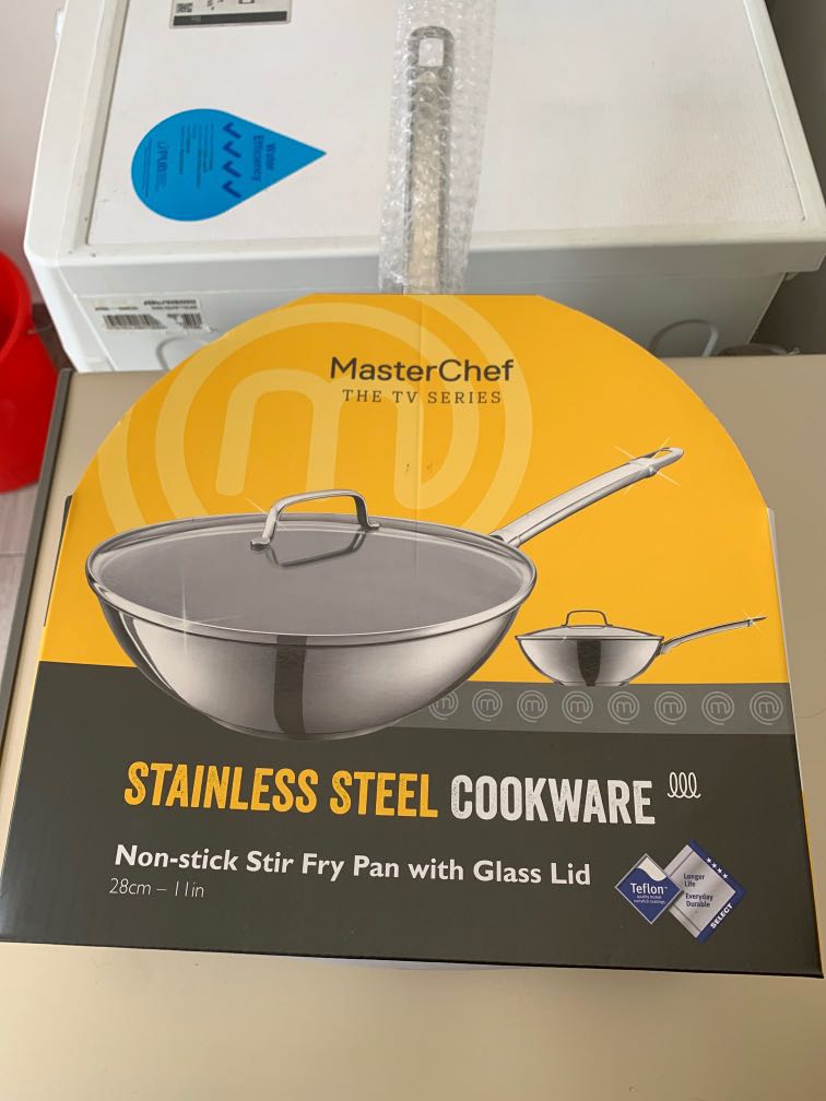 MasterChef TV Series Stir Fry Pan Glass Lid Stainless Steel Cookware 11  Teflon