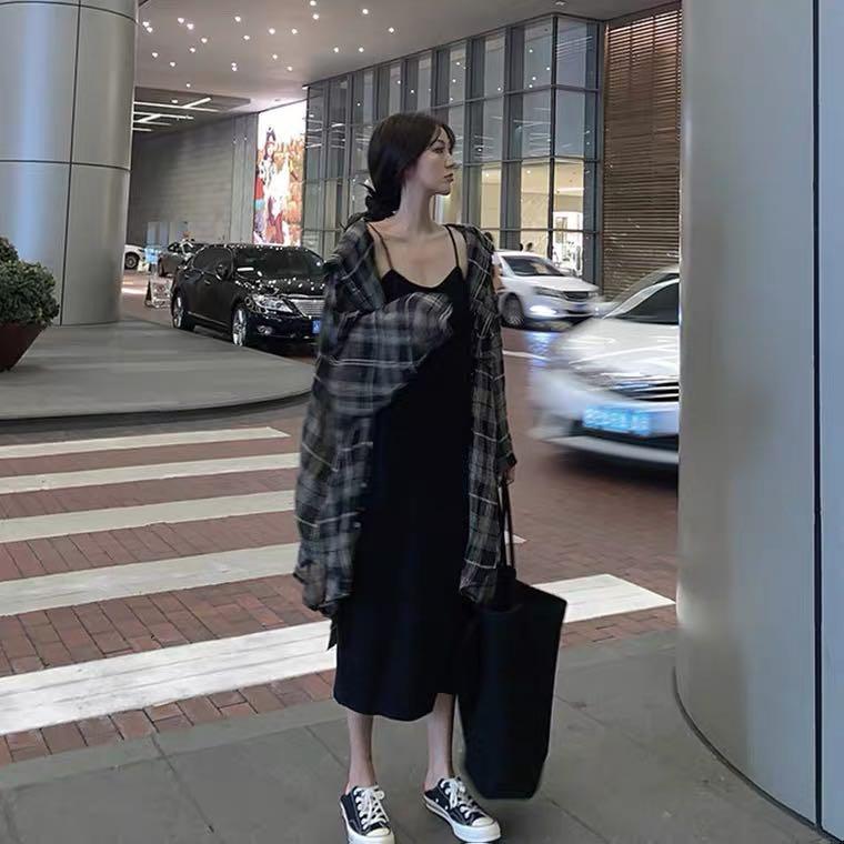 Black maxi dress with flannel, Women's Fashion, Dresses Sets