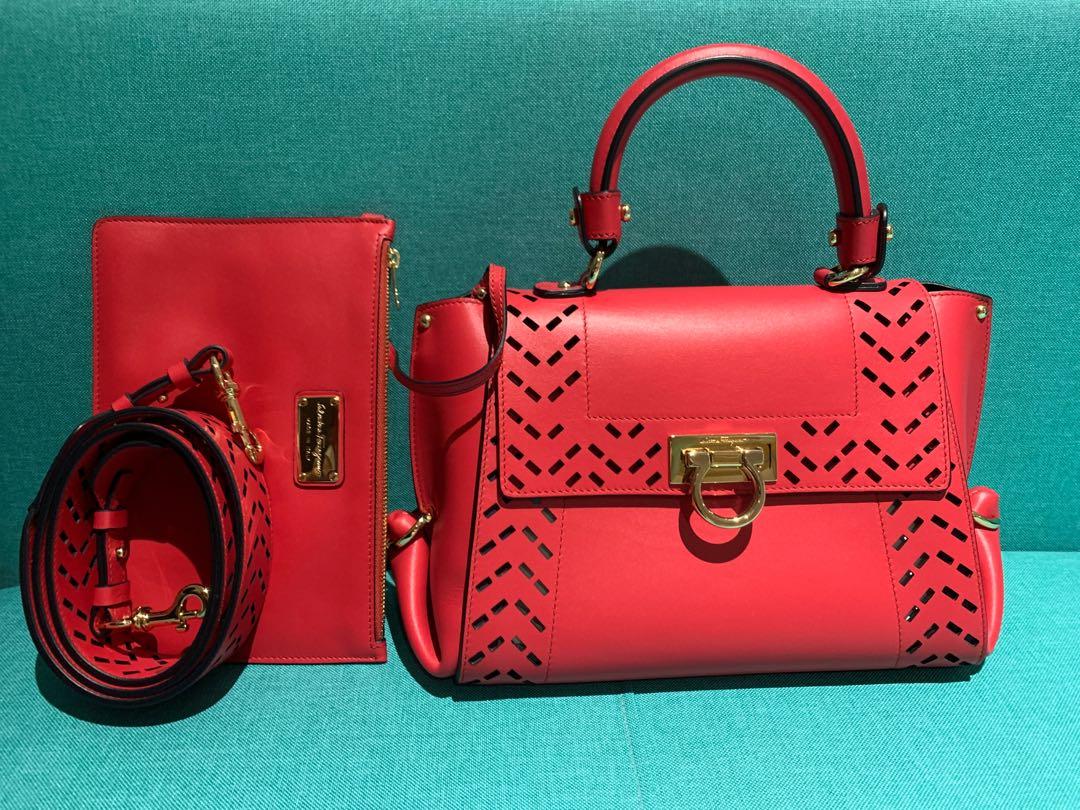 Ferragamo Sofia Leather Cutout Tote Crossbody Bag in Red Sofia Small Perforated Satchel Bag Pamplona Calf Oxford Blu Calf