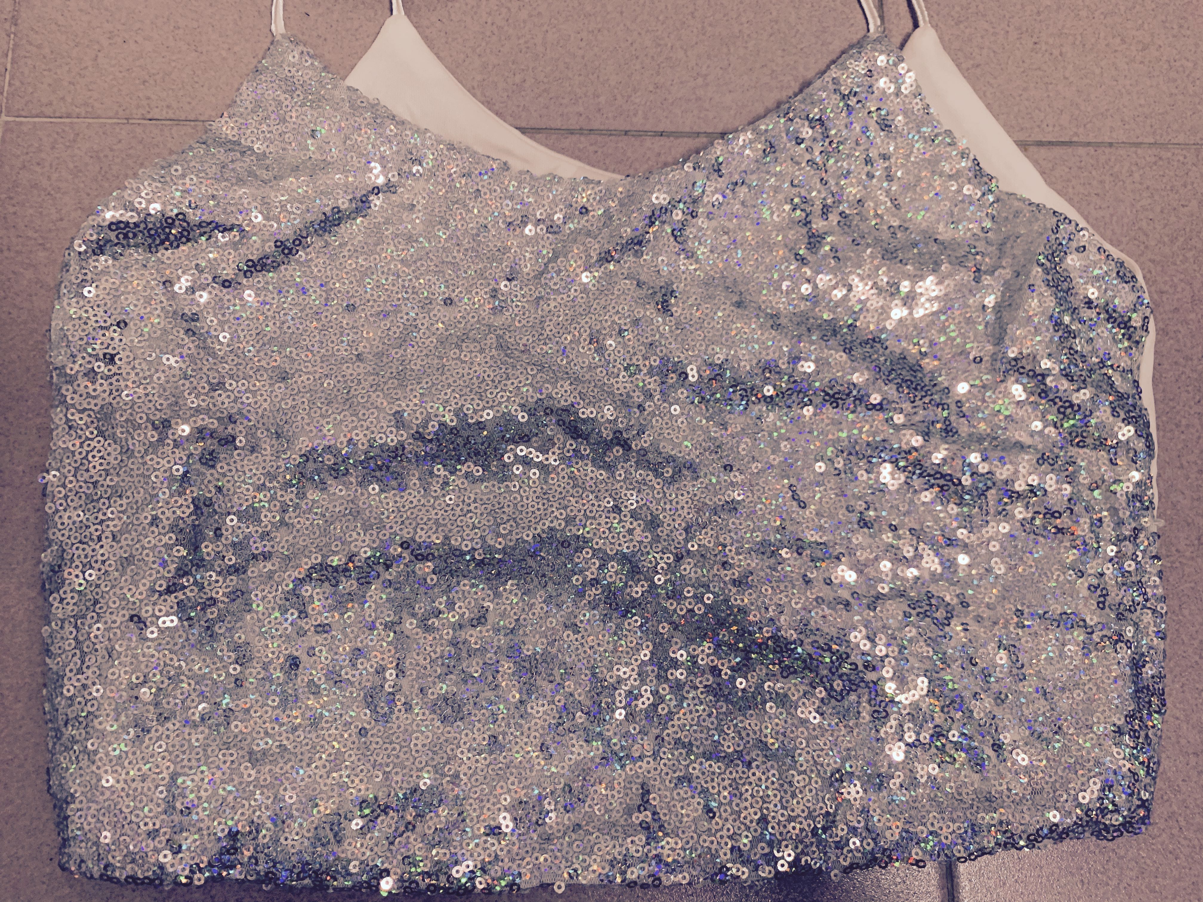 white sequin sleeveless top