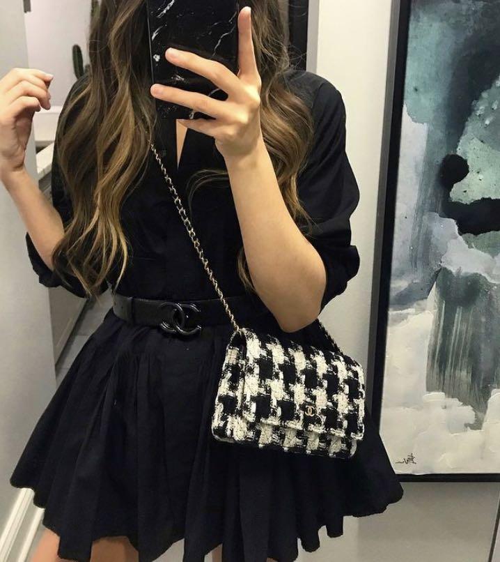 Chanel 20S Houndstooth Tweed Ecru WOC Wallet on Chain Luxury