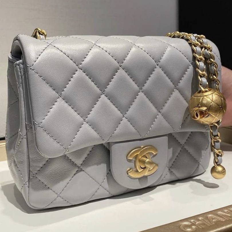 LN Chanel Mini Square Pearl Crush Dove Grey, Luxury, Bags