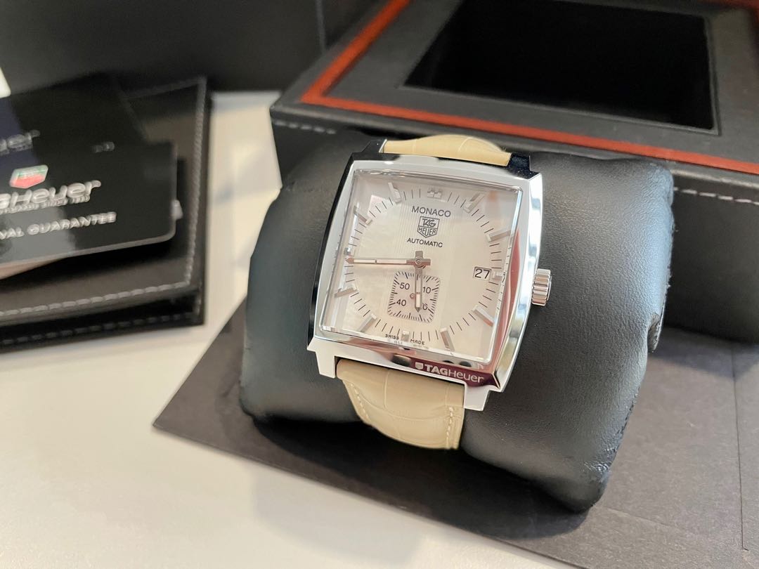 TAG HEUER MONACO Mother of Pearl Beige Crocodile Bracelet ...