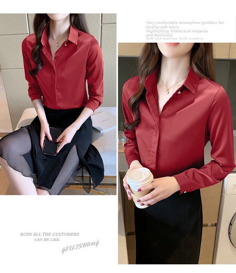 BRAND NEW Burgundy red satin silk office lady long sleeve collared blouse shirt top
