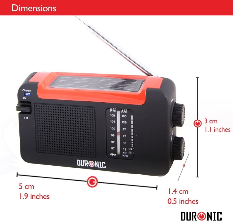 Duronic AM/FM Radio APEX | Charge 3 Ways: Solar, Wind Up, USB | Dynamo  Crank Rechargeable | Headphone Jack | Portable | Alarm Clock | Torch |  Back-lit