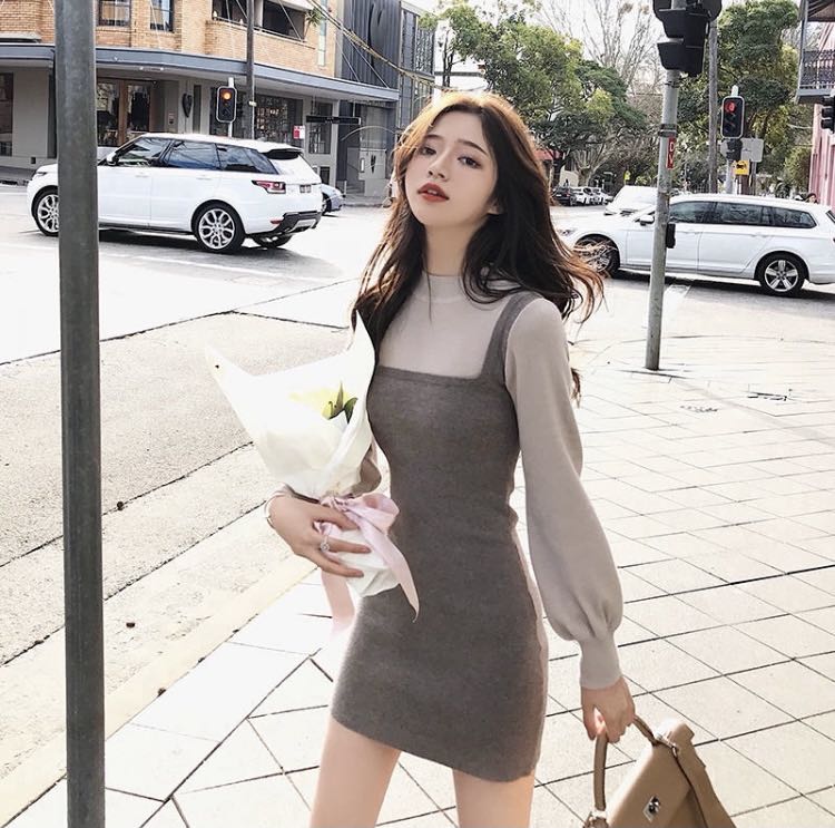 Korean Fake Two-piece Knitted Dress, Women's Fashion, Tops, Sleeveless on  Carousell