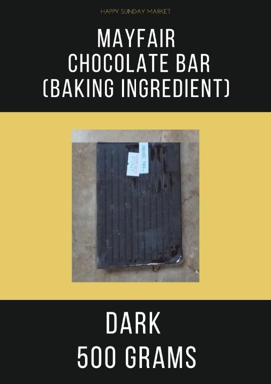 Mayfair Chocolate Bars (Baking Ingredient) 500 grams (Category: Packaged & Instant Food) located in Manila. Submitted by happy.sunday.market (Listing ID 1065525172, Image 1). Description: Mayfair Chocolate Bars (Baking Ingredient) Available in 500 grams - Php174 each 1. Semi Sweet 2. Violet 3. Dark 4. Bittersweet 5. Red 6. Green 7. Orange 8. Yellow 9. White Chocolate 10. Premium Available in 500 grams - Php200 each 1. Unsweetened .