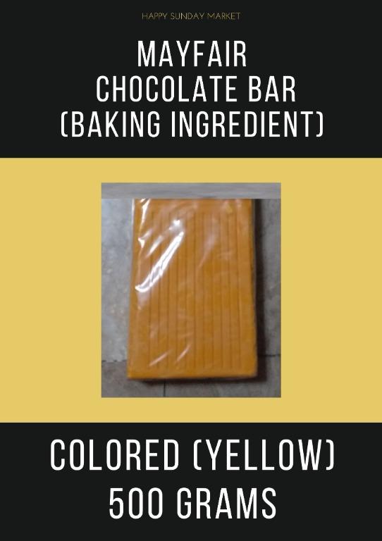 Mayfair Chocolate Bars (Baking Ingredient) 500 grams (Category: Packaged & Instant Food) located in Manila. Submitted by happy.sunday.market (Listing ID 1065525172, Image 2). Description: Mayfair Chocolate Bars (Baking Ingredient) Available in 500 grams - Php174 each 1. Semi Sweet 2. Violet 3. Dark 4. Bittersweet 5. Red 6. Green 7. Orange 8. Yellow 9. White Chocolate 10. Premium Available in 500 grams - Php200 each 1. Unsweetened .