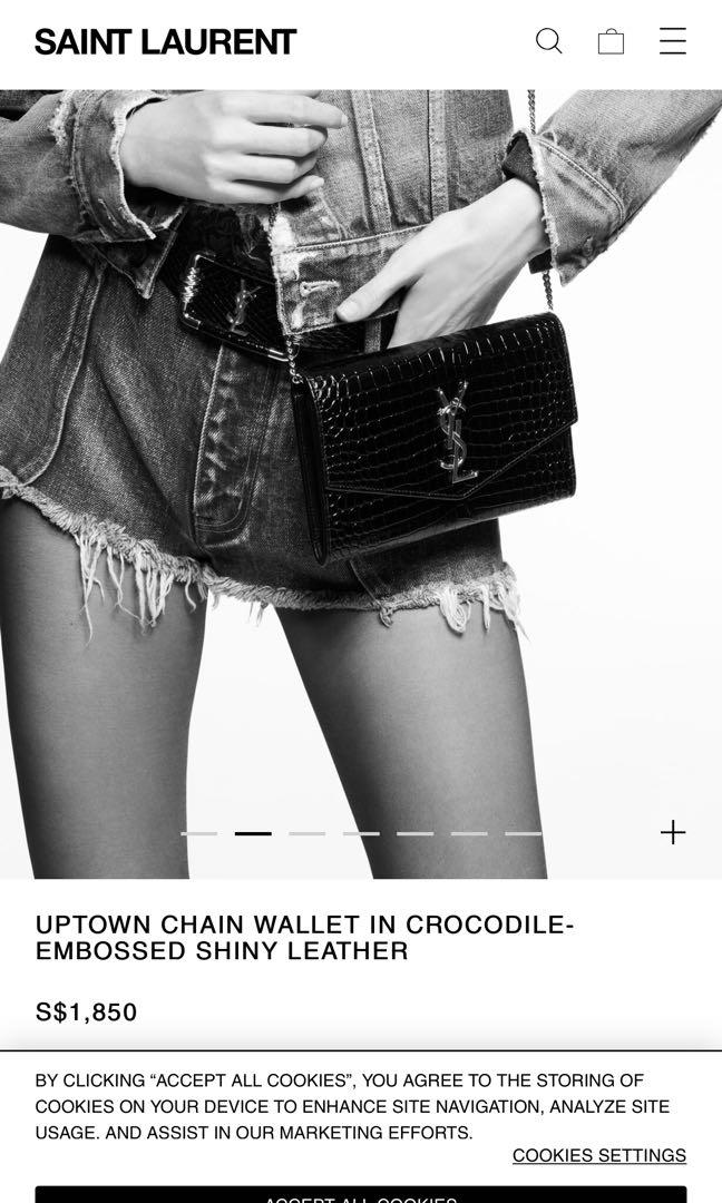 uptown chain wallet in crocodile-embossed shiny leather