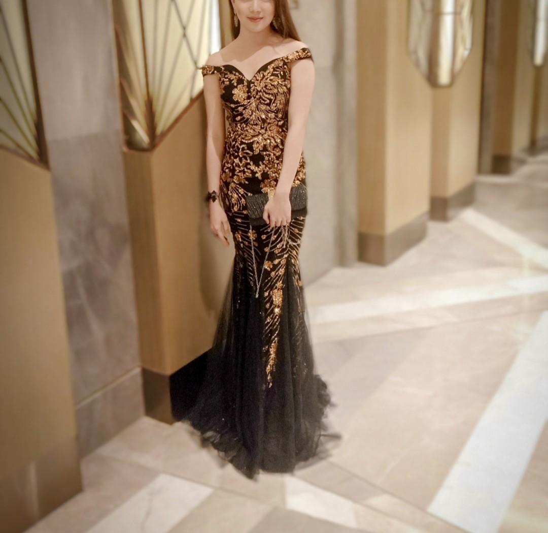 black and gold long evening dress