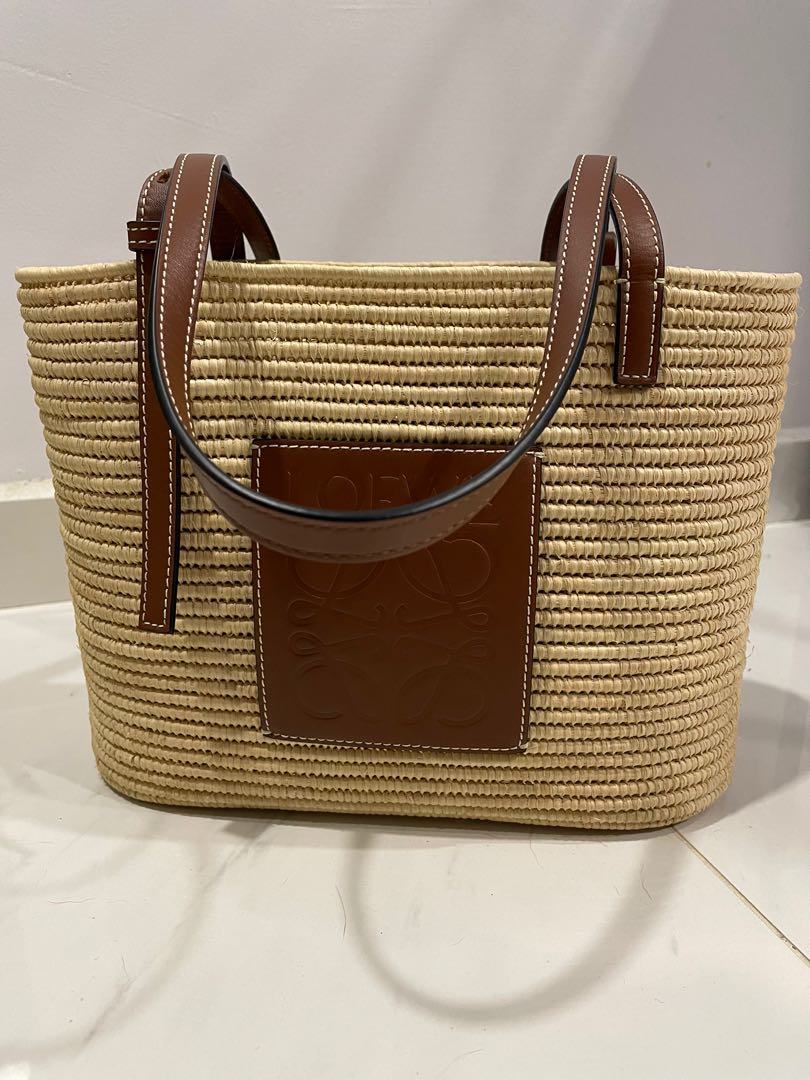 Loewe small square basket bag raffia calfskin, Women's Fashion, Bags ...