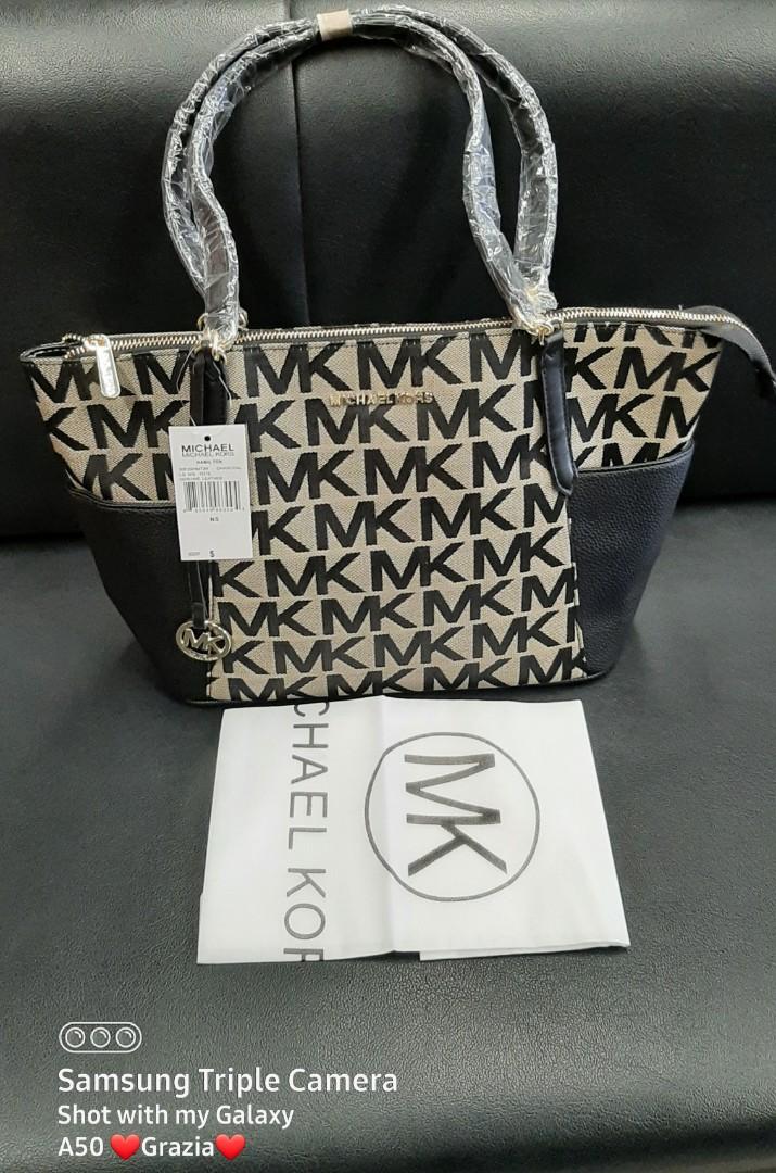 Michael Leather/Fabric Bedford Large MK Black Logo Print Tote Bag, Women's Fashion, Wallets, Cross-body Bags on Carousell