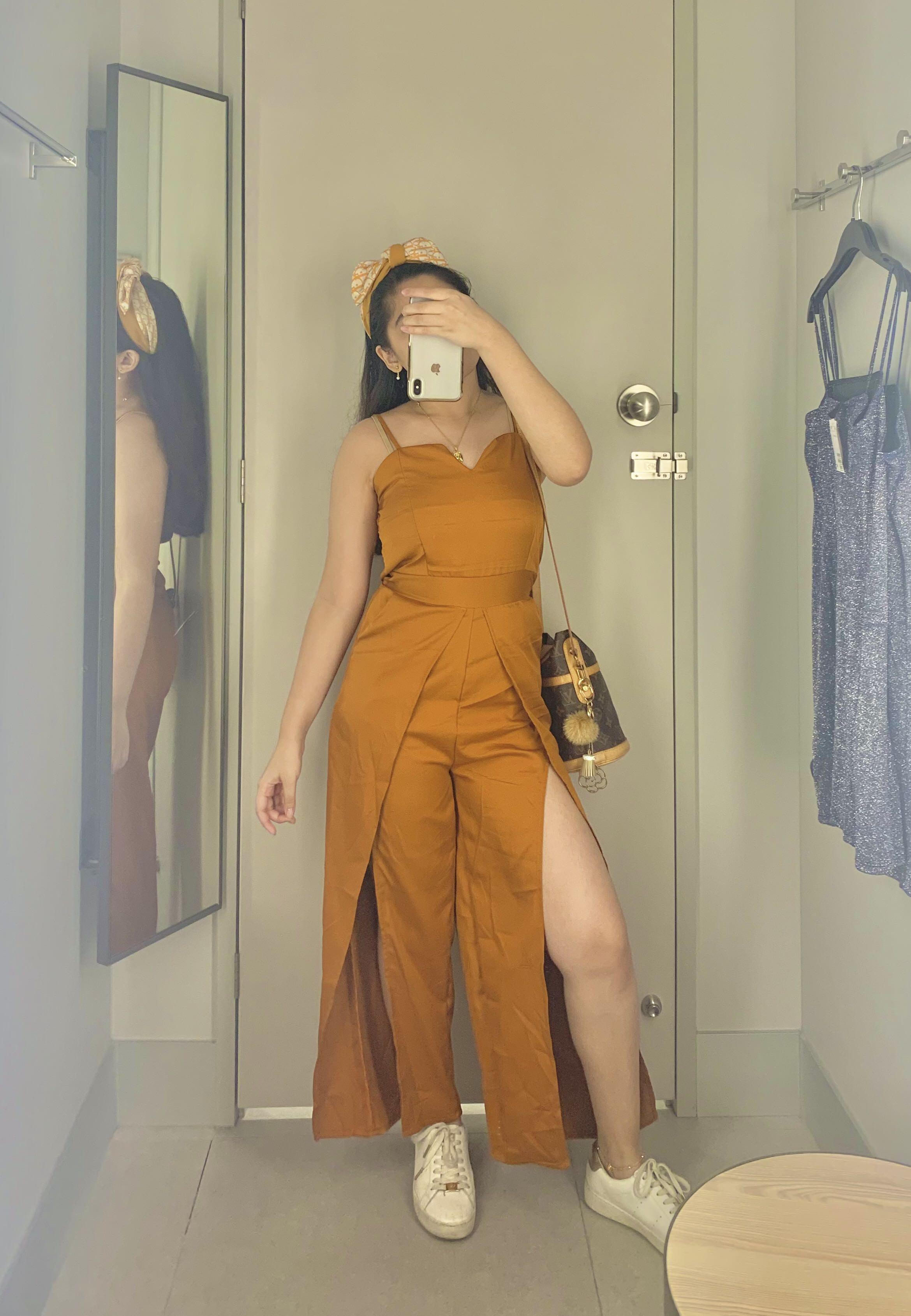 Mustard Front Slit Jumpsuit Romper Formal Women s Fashion Dresses Sets Jumpsuits on Carousell