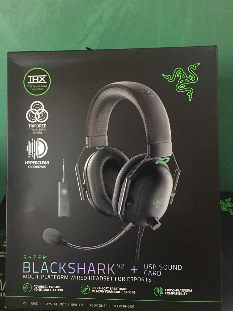 Razer Blackshark V2 + usb sound card, Audio, Microphones on Carousell