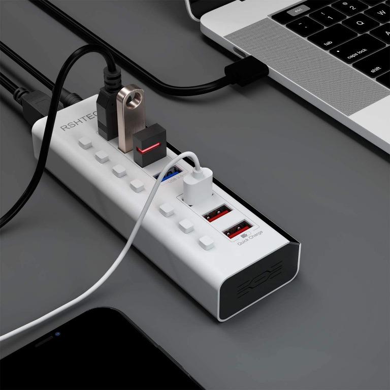 RSHTECH Powered USB Hub 7 Port USB 3 Hub Extension (4 USB 3.0 Data Port ...