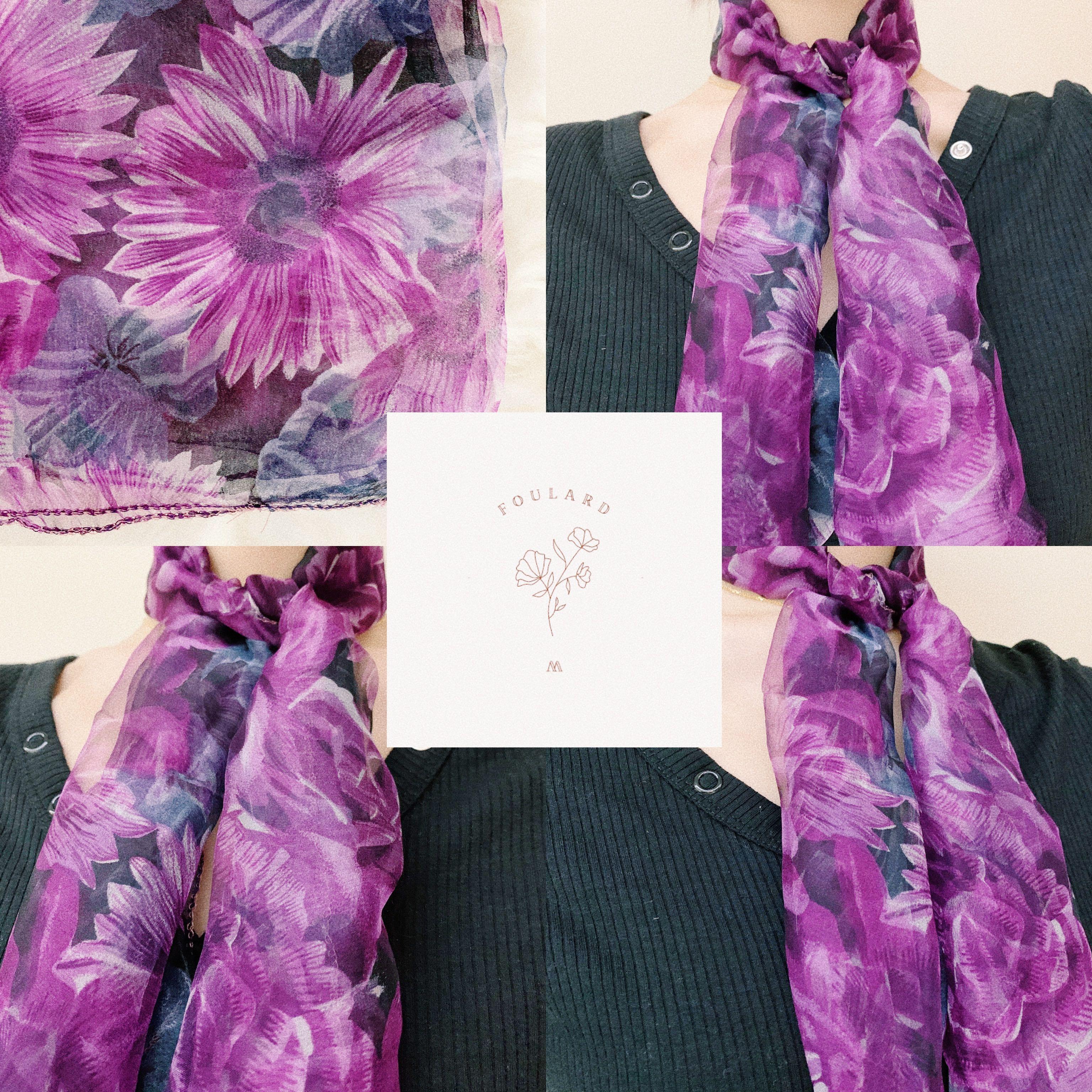 100 silk scarf Purple sunflower