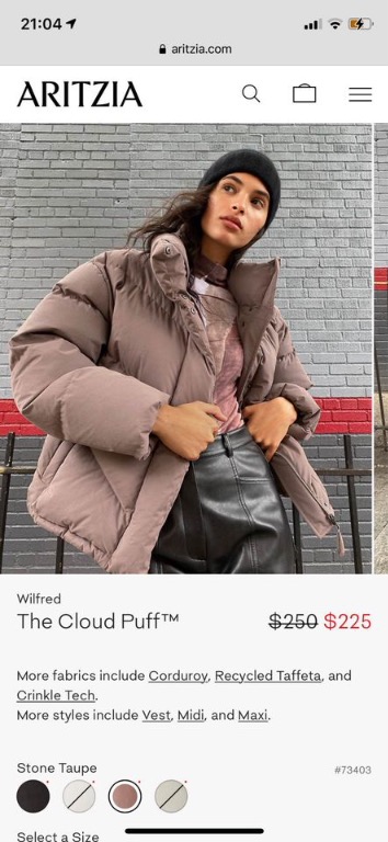 ARITZIA Wilfred Cloud Puff Bomber Jacket in Stone Taupe L