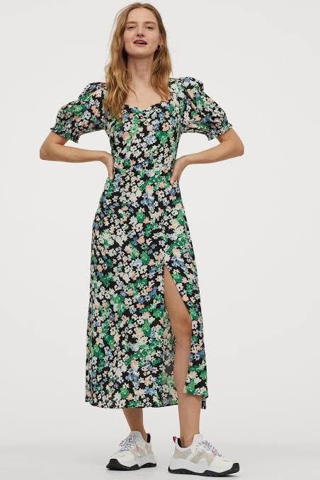 H M Floral Green Midi Dress With Slit And Puff Sleeves Women s Fashion Dresses Sets Dresses on Carousell