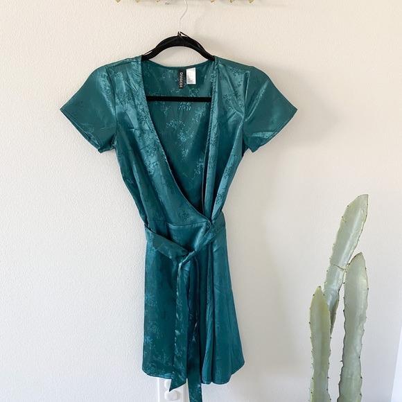 H M Forest Green Satin Wrap Dress with Waist Tie Women s Fashion