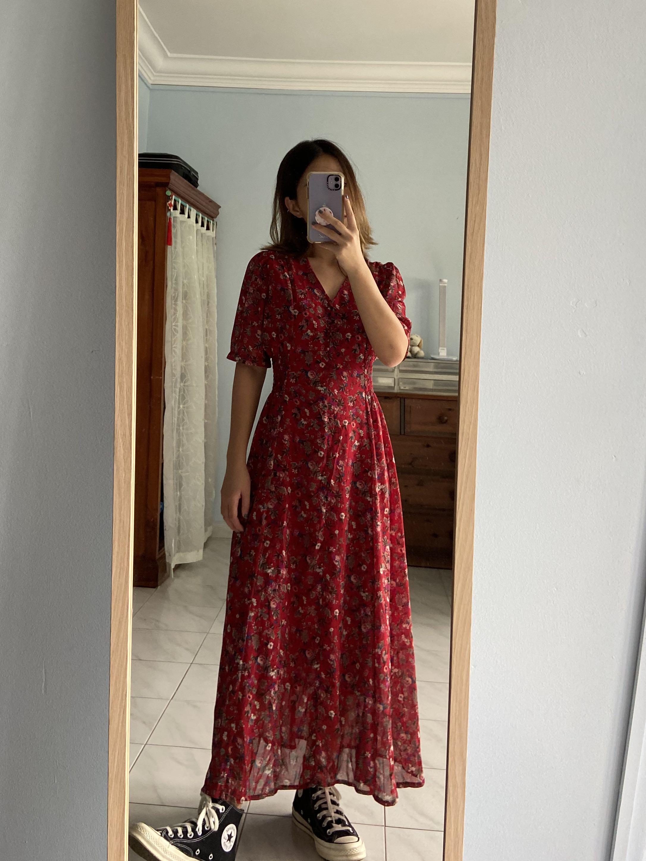 Red floral maxi cheap dress with sleeves