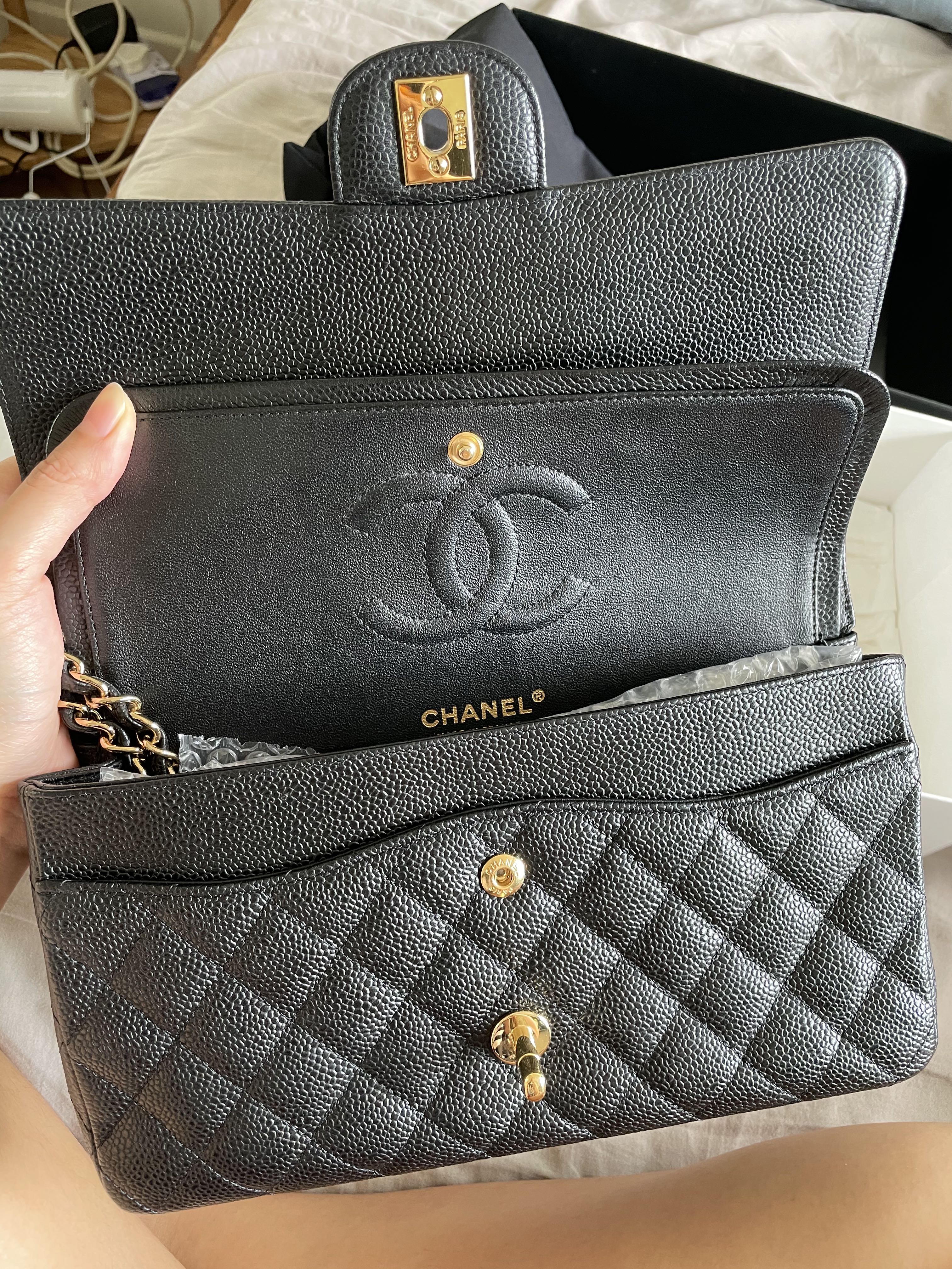 RESERVED* *SUPER RARE* Chanel Classic Flap Medium Caviar with BLACK  INTERIOR *PRICE REDUCED!*, Luxury, Bags & Wallets on Carousell