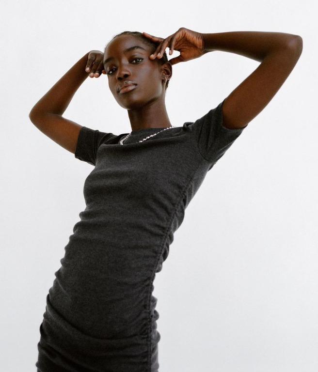ZARA Black Short Sleeve Ruched Bodycon Ribbed Mini Dress