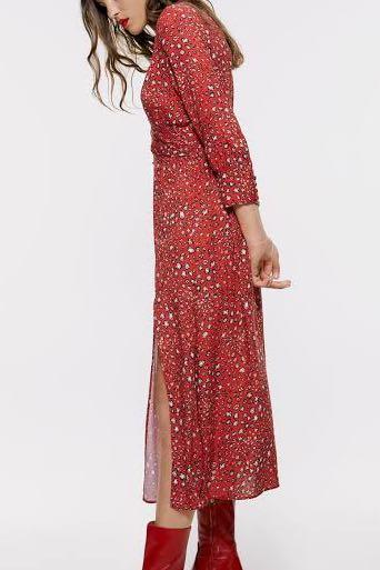Zara Red V-Neck Flowy Midi Dress With Slit, Women's Fashion, Dresses &  Sets, Dresses on Carousell