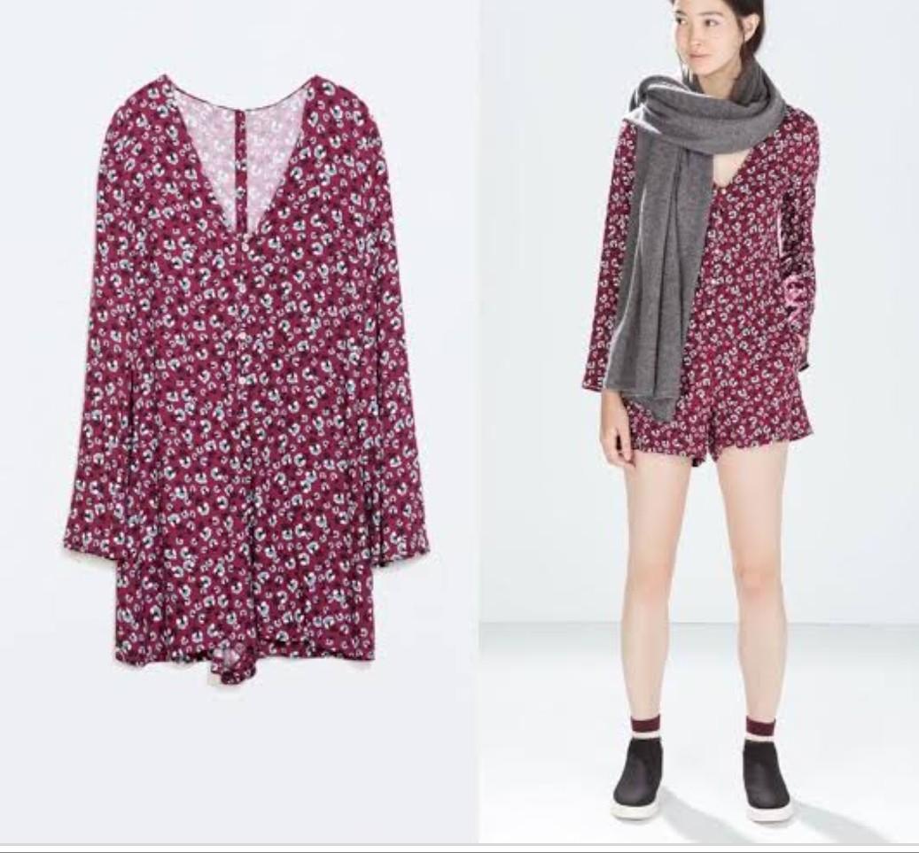 ZARA Trf Red Floral Playsuit, Fesyen 