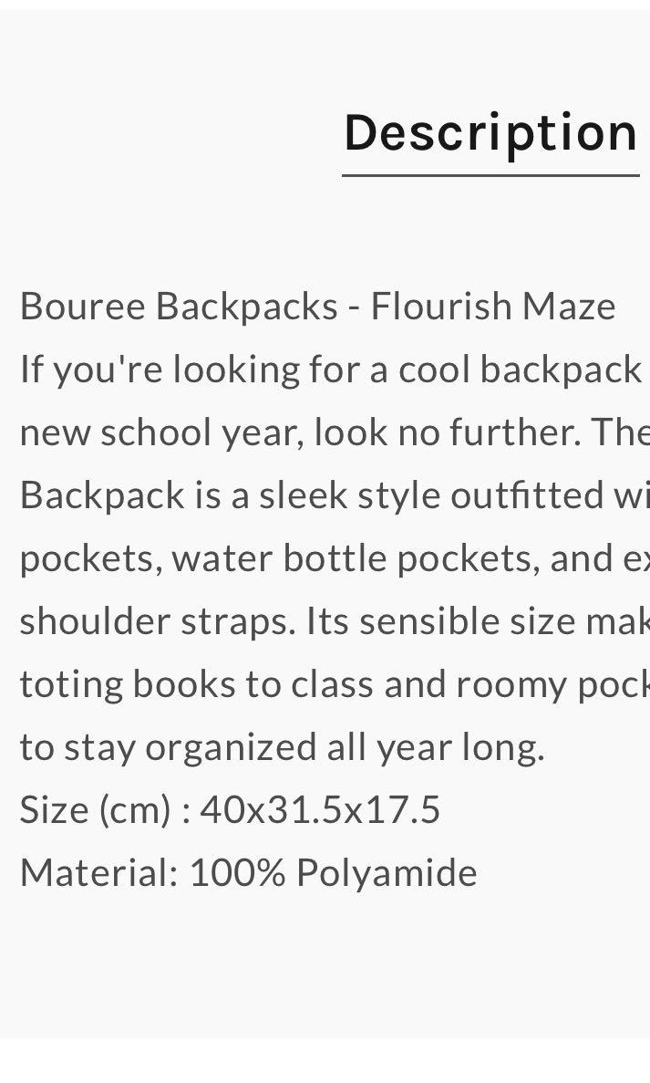 New! Kipling backpack bag 背囊 袋 （分類：背囊）位於 Hong Kong。 由 spaghettiricegor 提交（商品編號 1066044989，圖片 4）。簡介： Kipling 背囊 Bouree Backpacks Flourish Maze 100% New 全新 100% Authentic 正品 Original price 原價： $890。