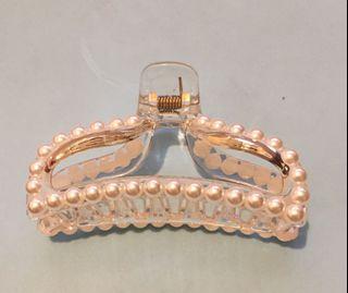BN large pearl hair clip claw transparent gold brown beige big
