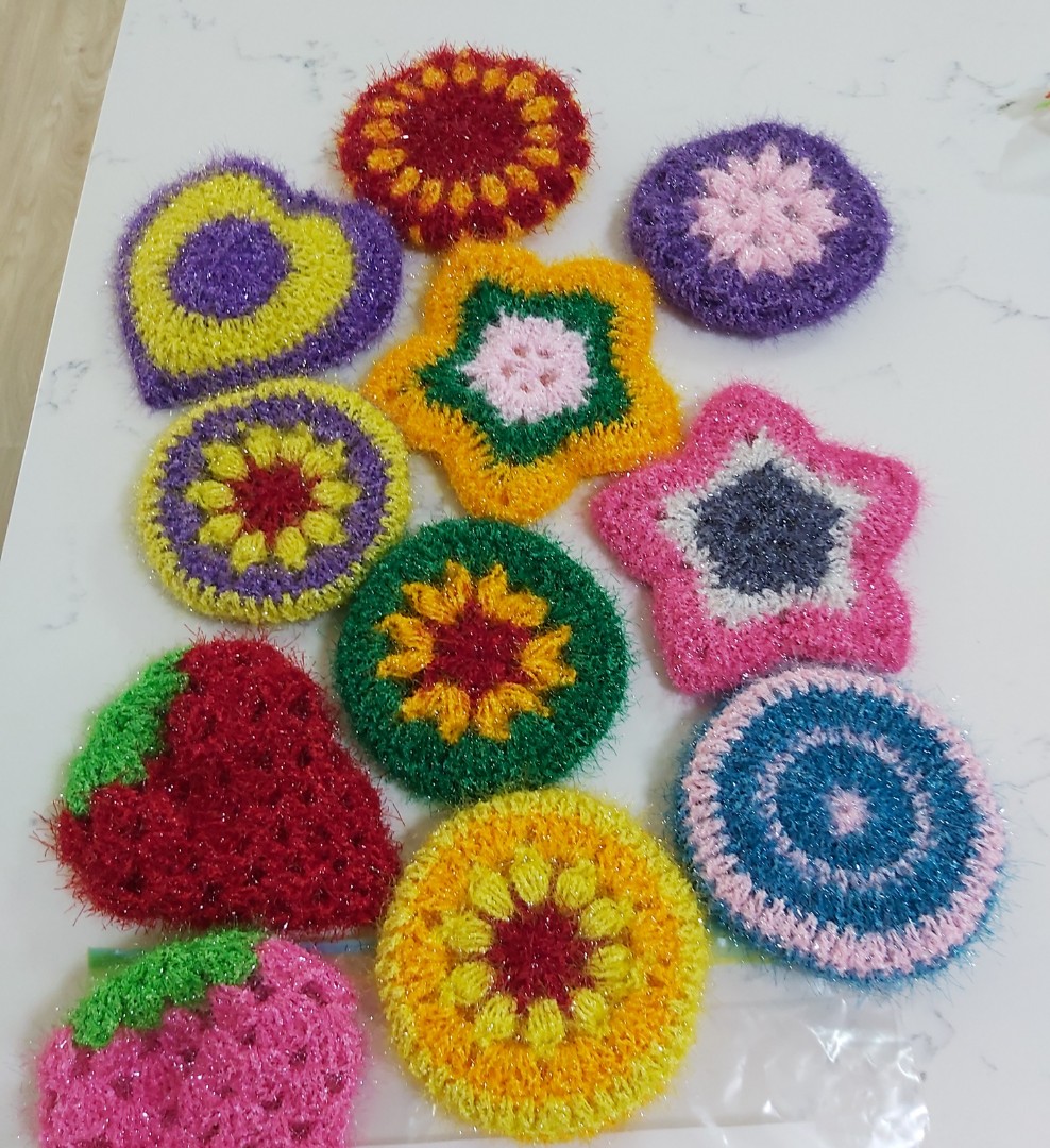 Dishwashing Scrubber Handmade Crochet stitch with 100% Polyester Yarn  imported from Korea. Selling @ $5 per pc. Special offer buy 6 get 1 free  with free delivery., Furniture & Home Living, Kitchenware