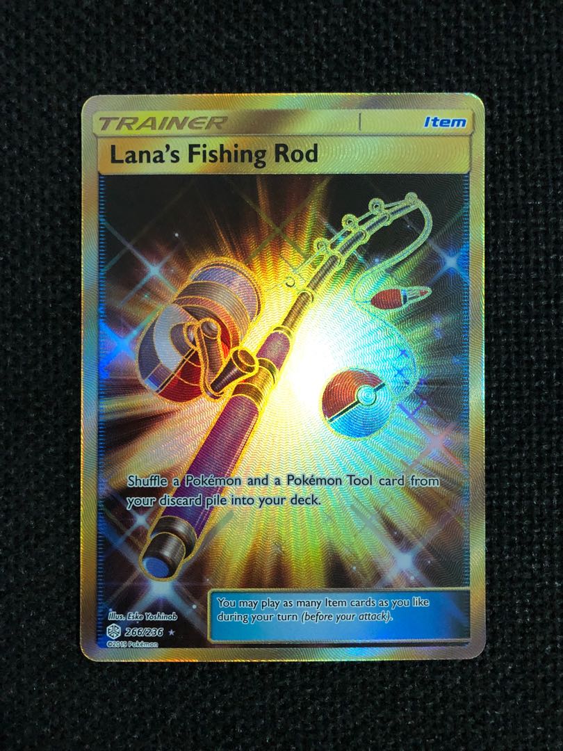 Pokemon TCG - Lana's Fishing Rod gold card (Cosmic Eclipse 266/236),  Hobbies & Toys, Toys & Games on Carousell