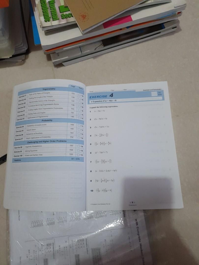 Sec 2 math (Category: Assessment Books) located in Singapore. Submitted by fluffyfamily101 (Listing ID 1060313299, Image 3). Description: some worksheets have bee torn out as shown in the photos but the rest are undone.