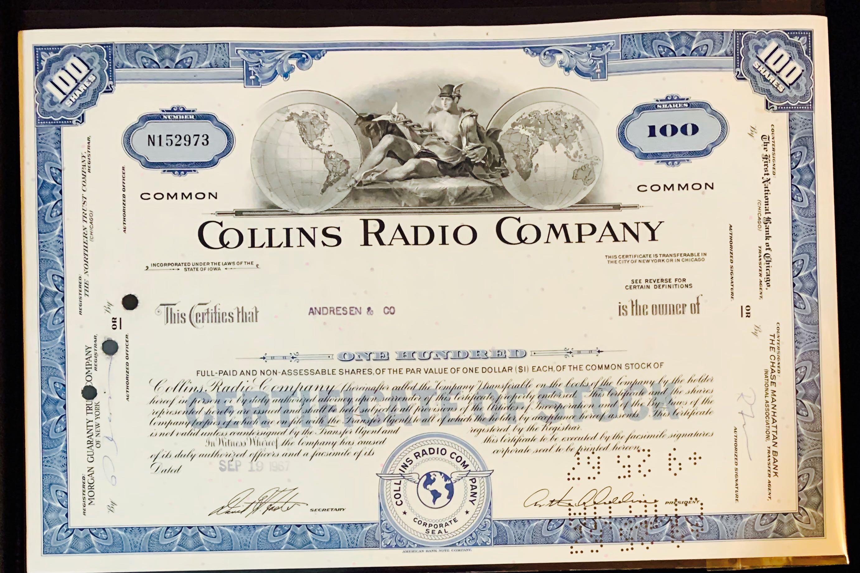 Collins Radio Company Stock Certificate 