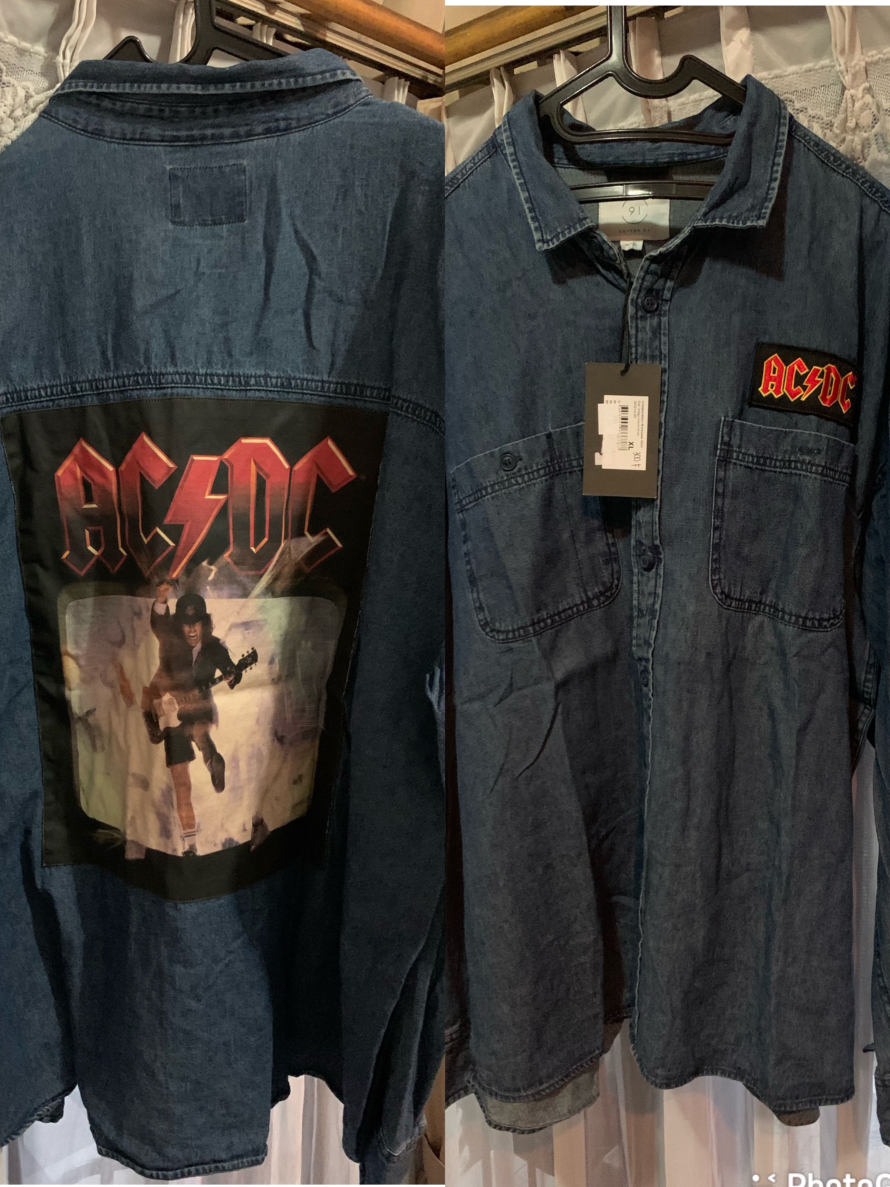 AC/DC x Cotton On Denim Shirt, Fesyen Pria, Pakaian , Atasan di Carousell
