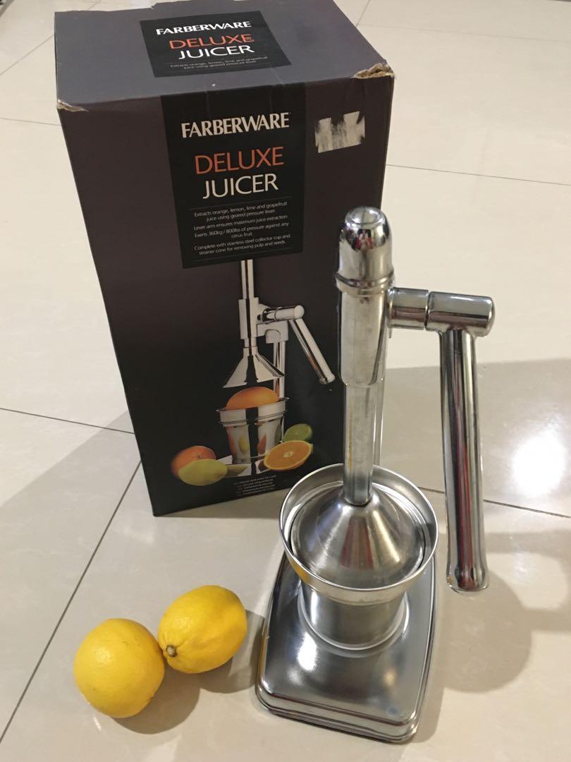 Faberware Deluxe Citrus Juicer (Category: Other Kitchen Appliances) located in Makati City. Submitted by spanda88 (Listing ID 1066282002, Image 1). Description: Faberware Deluxe Juicer Chrome Plated Lever-Arm Juicepresser -Collector cup and strainer are dishwasher safe -19cm x 39cm -used once to test only *with free lemons!.