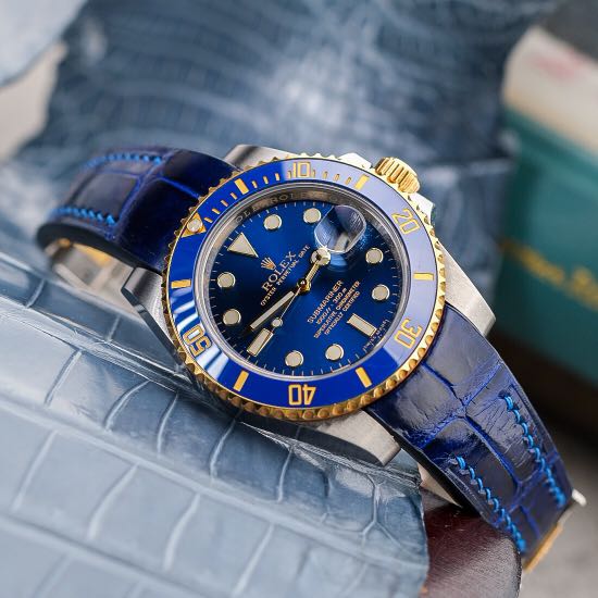 Handmade Handstitched Watch Strap In Electric Blue Crocodile Leather For Client s Rolex Watch