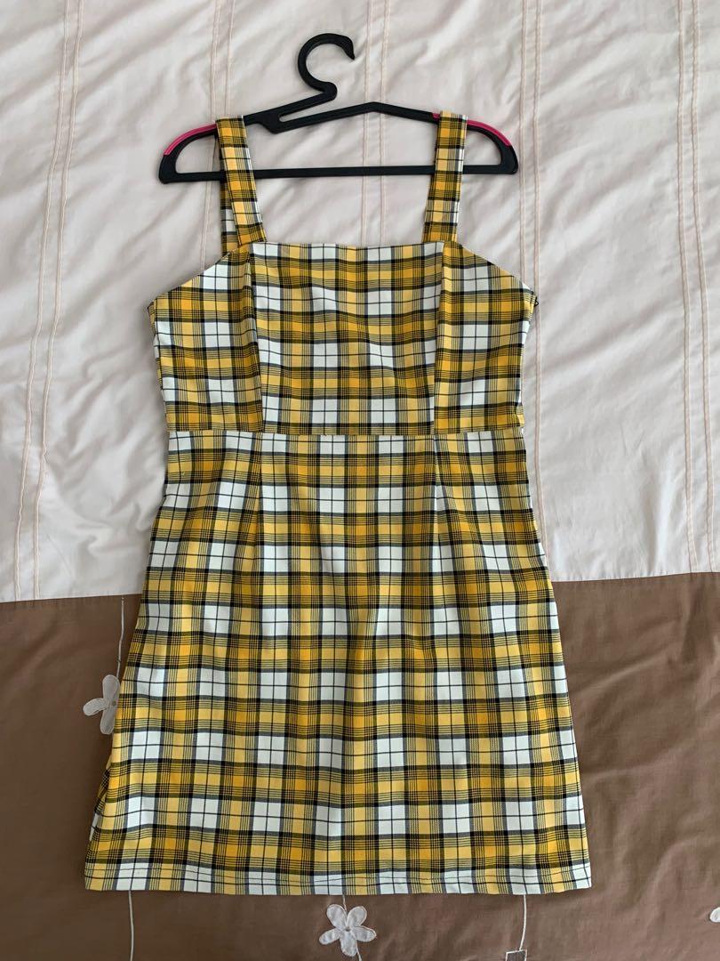 H M yellow checkered dress Women s Fashion Tops Sleeveless on Carousell