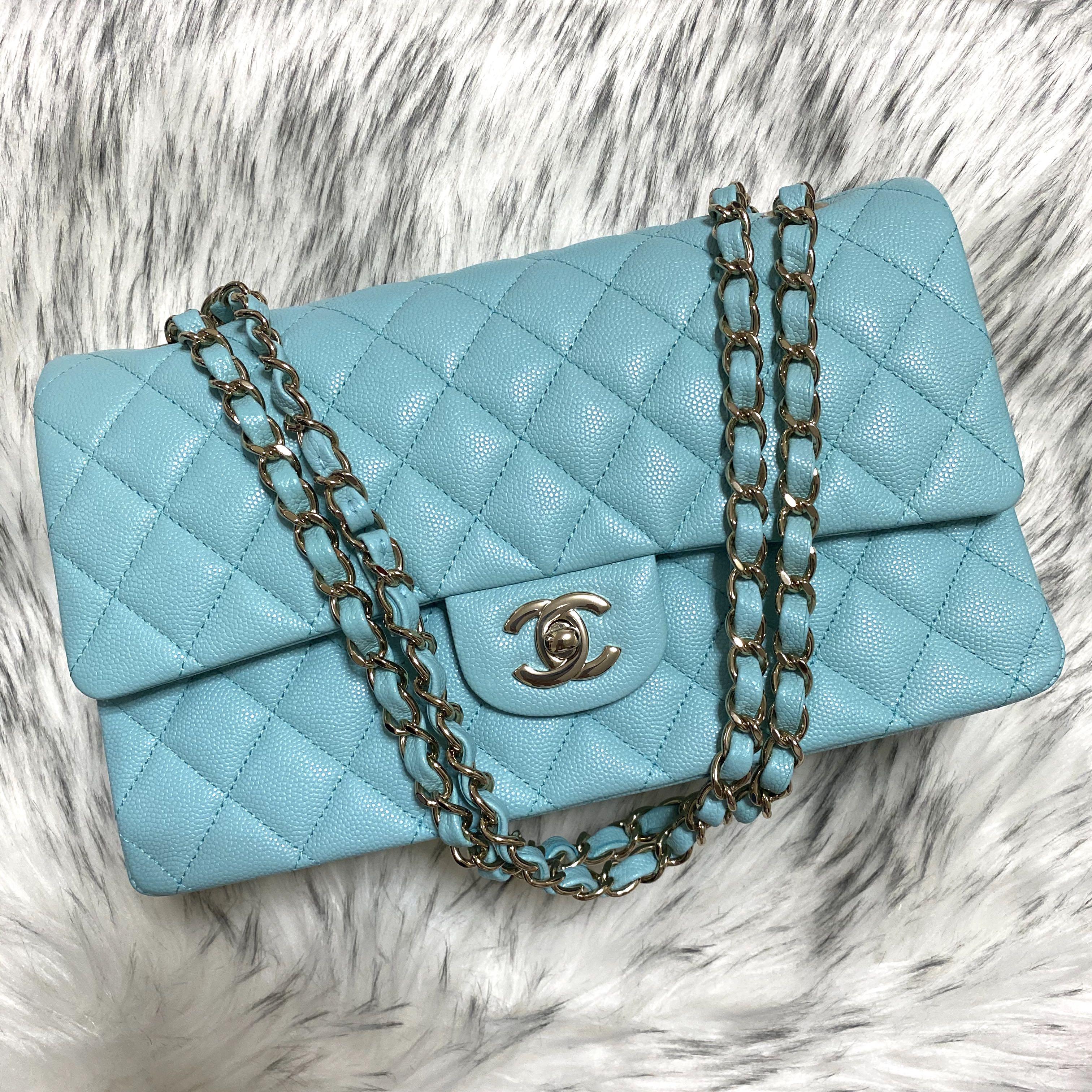 Chanel Medium Classic Flap 19C Tiffany Blue Caviar Light Gold HW #26,  Luxury, Bags & Wallets on Carousell