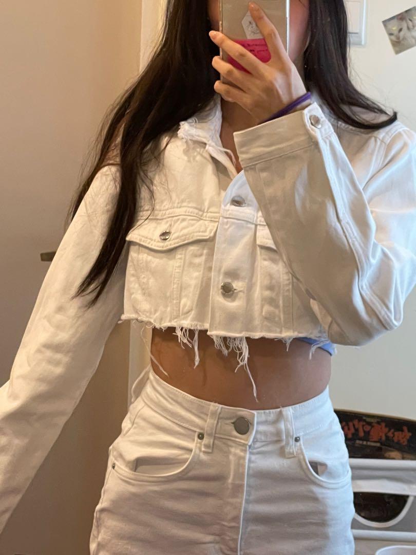 White crop store top jean jacket