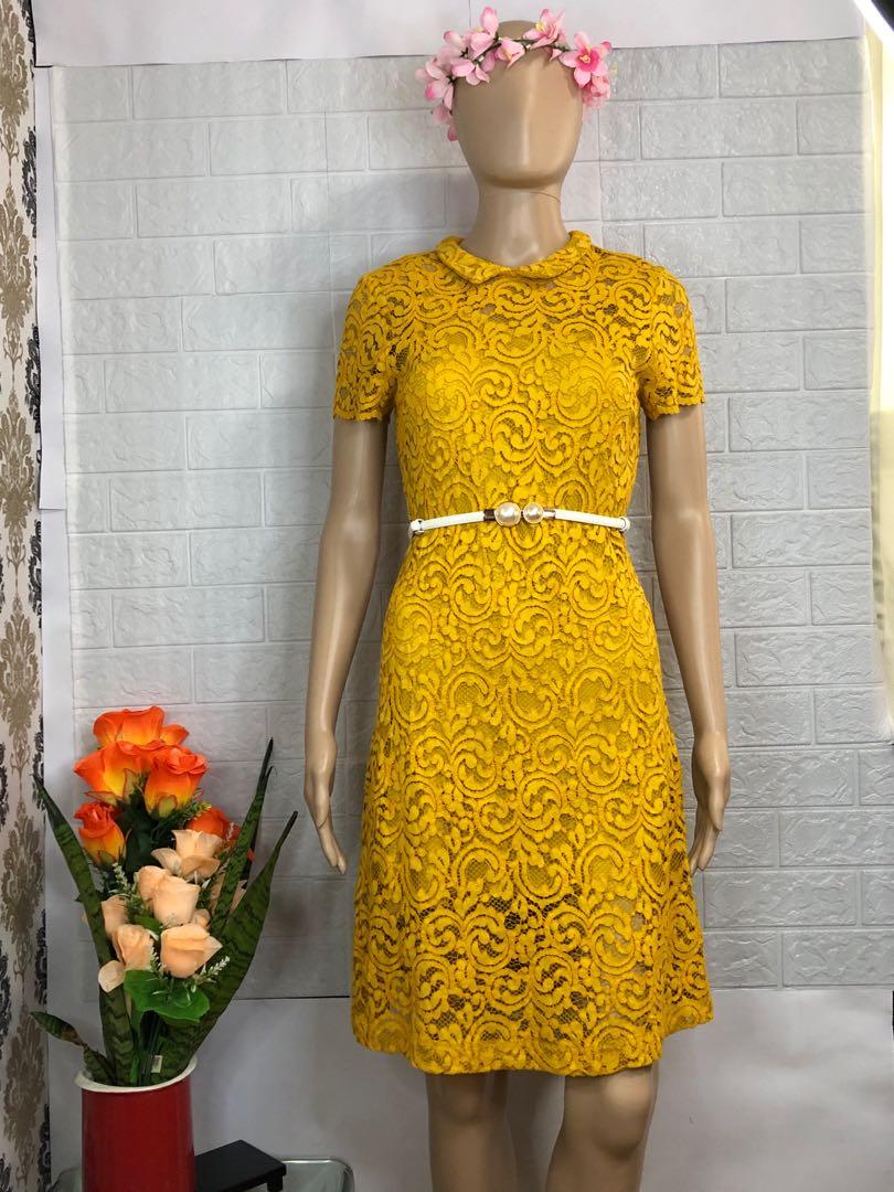 Mustard lace clearance midi dress