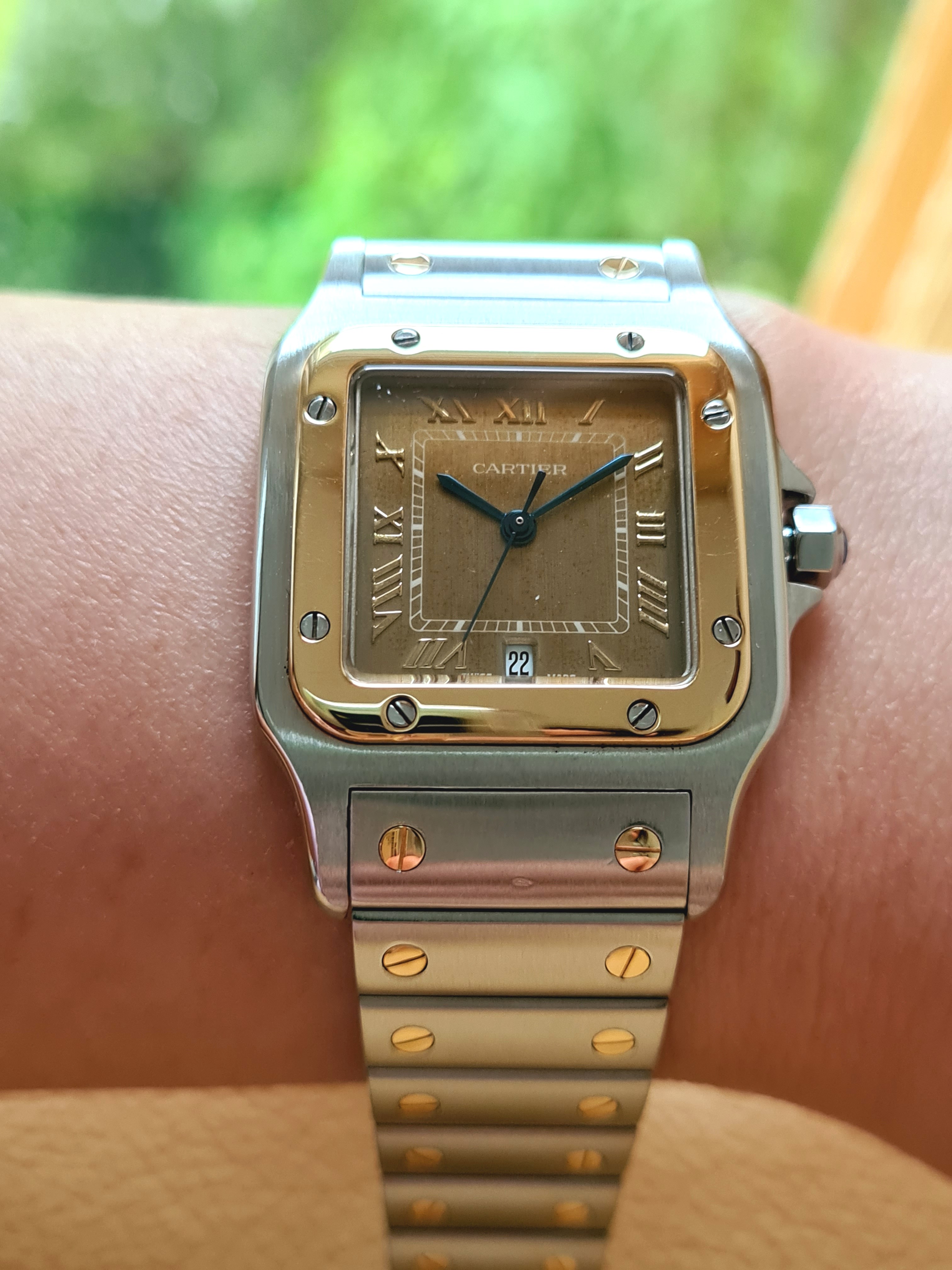 Cartier Santos Galbee Classic Glossy Gold Dial Date 18K Yellow Gold Steel Quartz 29mm