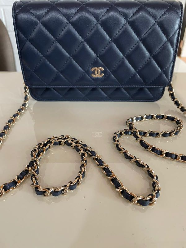 Chanel wallet on chain lambskin (navy blue), Luxury, Bags