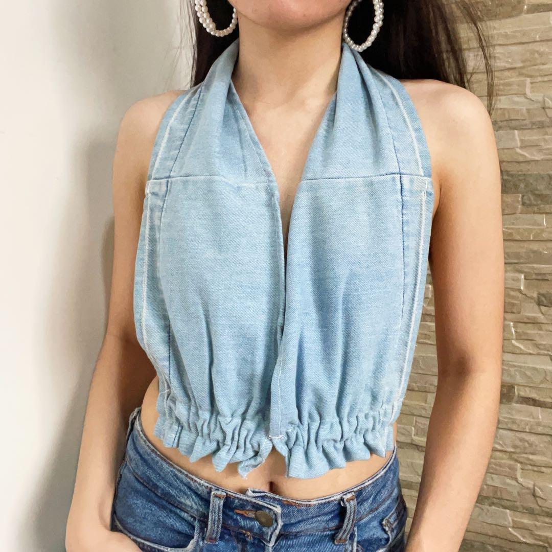 denim halter top/ backless top, Women's 