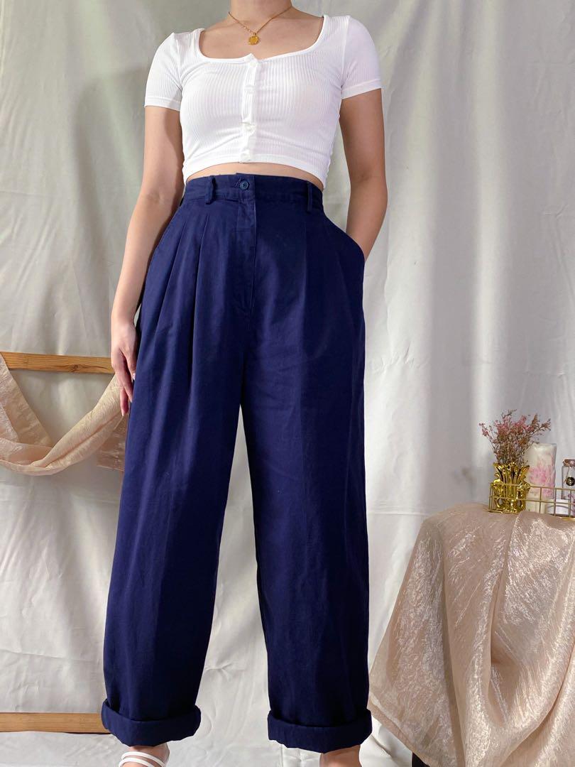 Navy Blue High Waist Baggy Pants, Women's Fashion, Bottoms, Other Bottoms  on Carousell