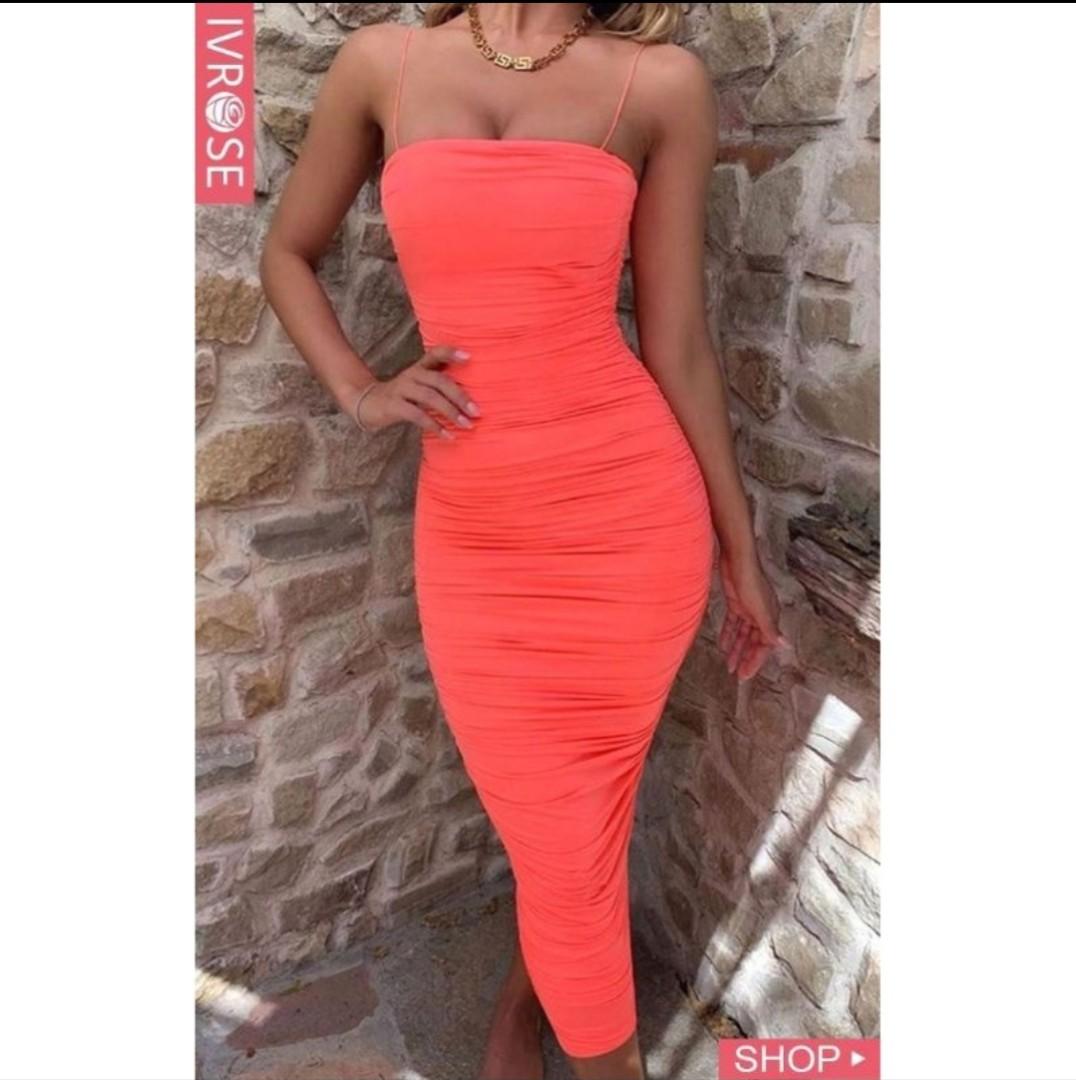 oh polly neon pink midaxi ruched dress 